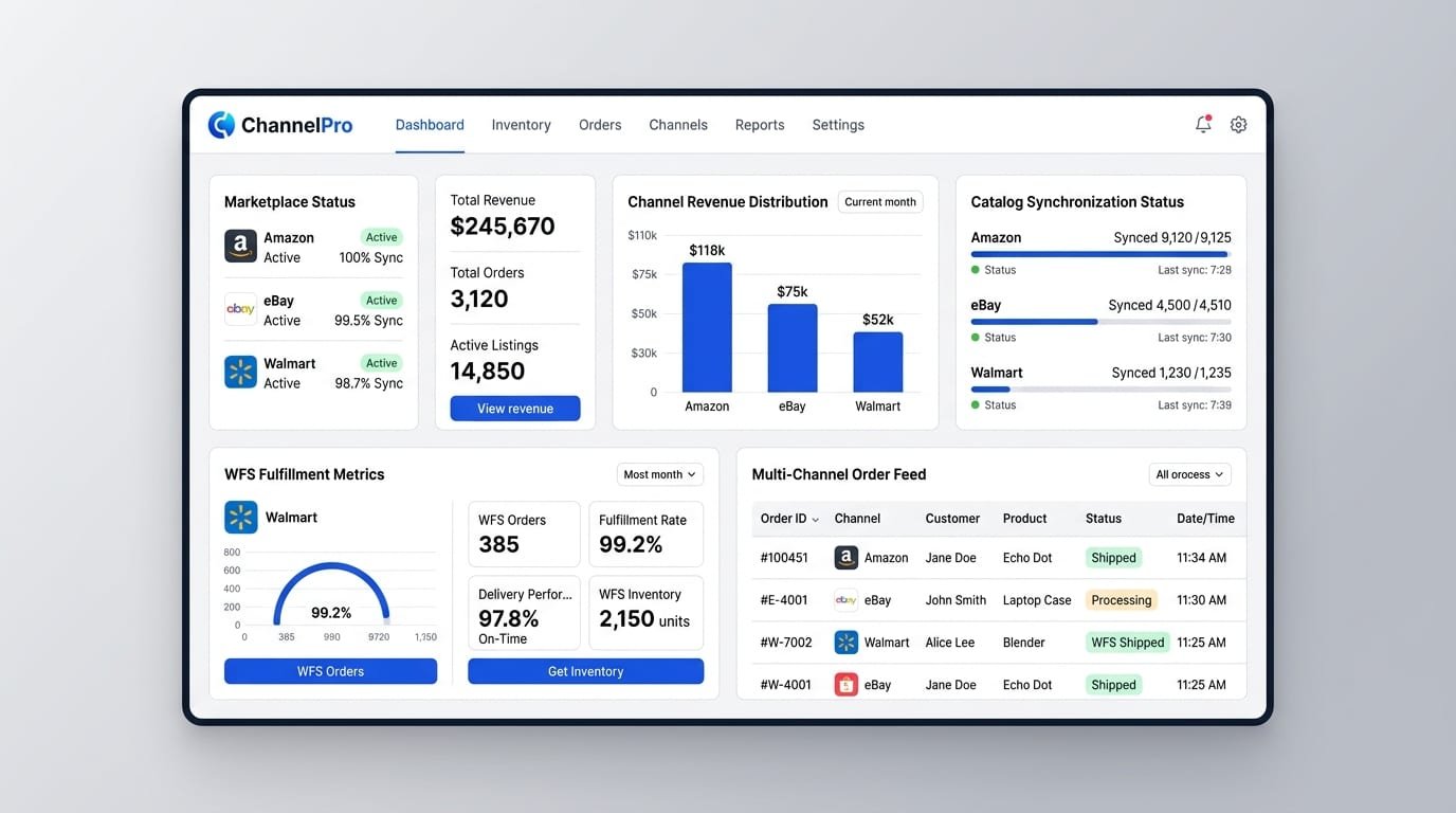 Multi-marketplace inventory orchestration dashboard showing Walmart, eBay, and Amazon